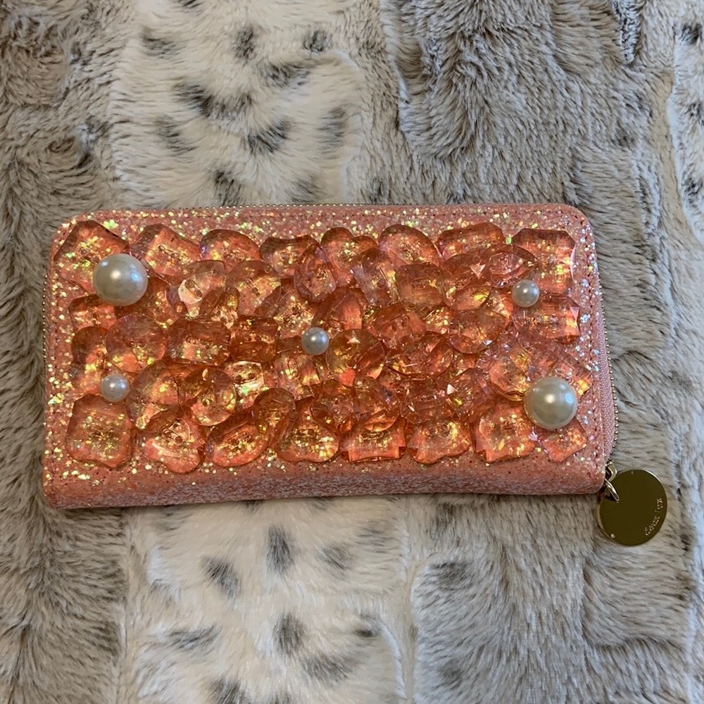 Deux Lux Light Pink Glitter Pearl Jeweled Bling Zip Around Clutch Wallet